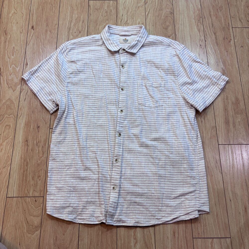 Marine Layer Stretch Selvage Short Sleeve Button Up Pink Stripe Larger L/XL